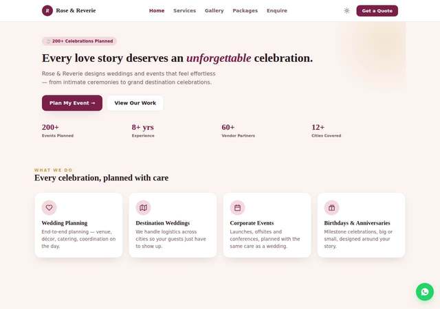 Rose & Reverie - Wedding & Event Planning website template preview